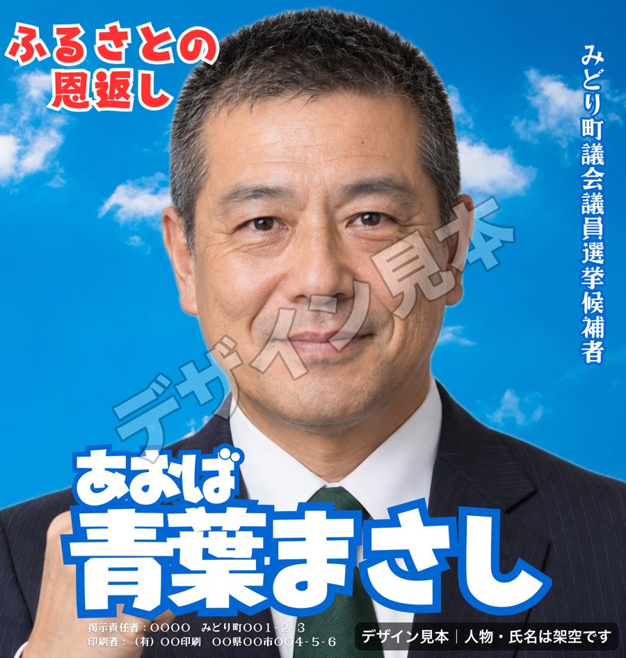 選挙ポスターのデザイン見本（青空の背景・ガッツポーズ）。人物・氏名は架空です
