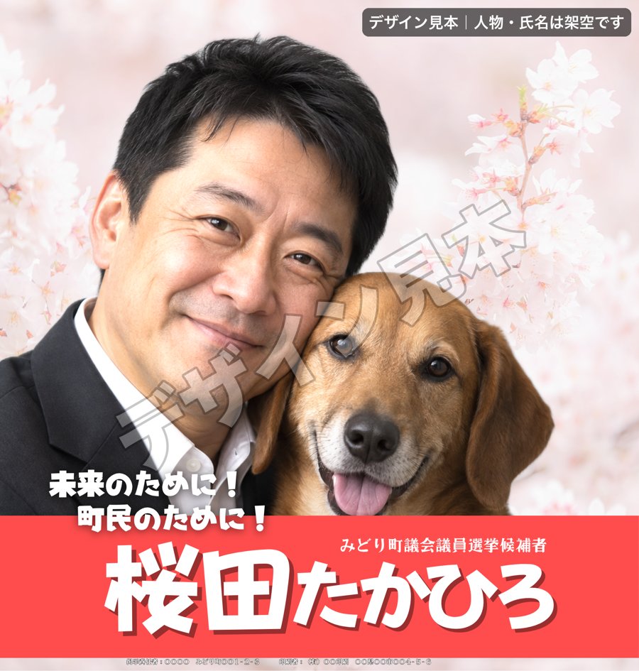 選挙ポスターのデザイン見本（桜の背景・愛犬と一緒）。人物・氏名は架空です